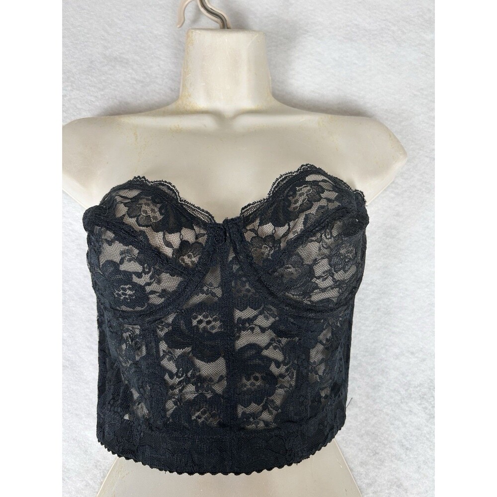 VTG Vogue Bra Black Lace long line low back boning strapless sheer lace bra 36 B